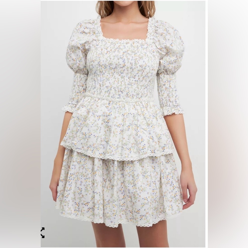 Free the Roses Cream Floral Smocked Mini Dress